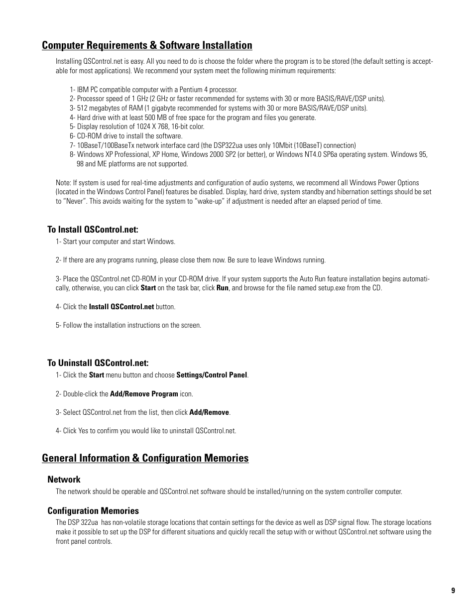 Computer requirements & software installation, To install qscontrol.net, To uninstall qscontrol.net | General information & configuration memories, Network, Configuration memories | QSC Audio DSP 322UA User Manual | Page 9 / 20