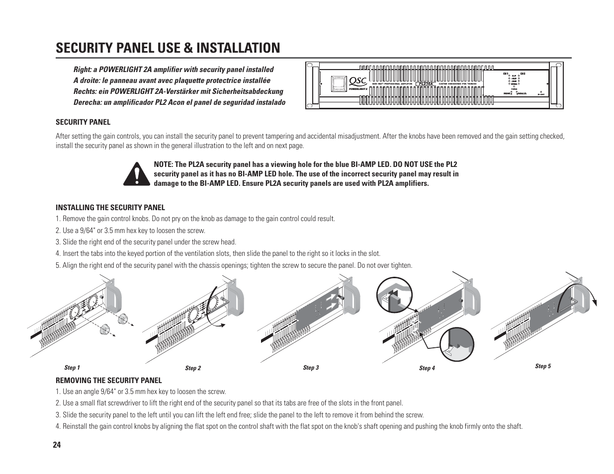 Security panel use & installation | QSC Audio PL230A User Manual | Page 24 / 35