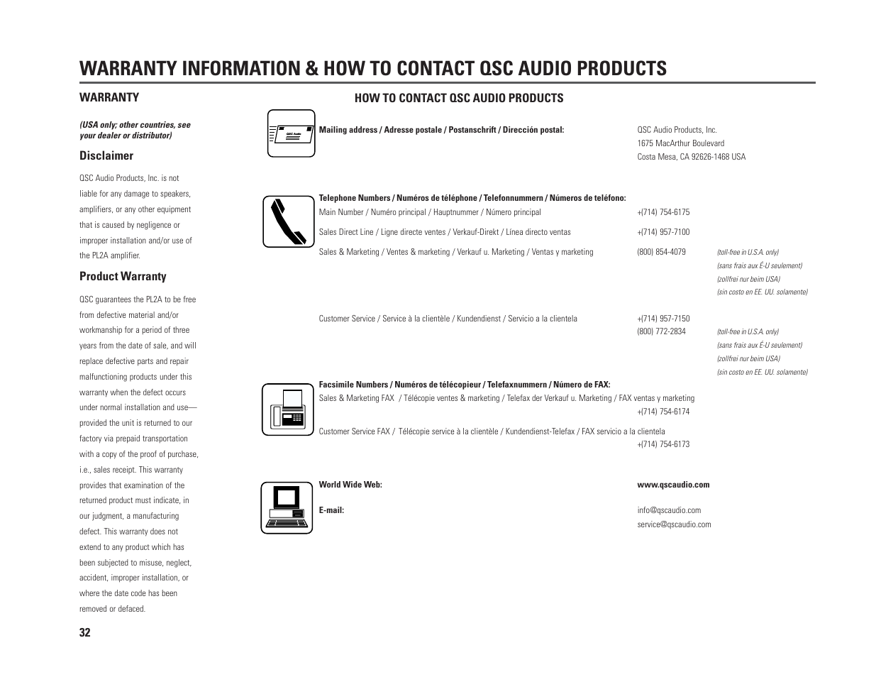 Disclaimer, Product warranty, Warranty how to contact qsc audio products | QSC Audio PL230A User Manual | Page 32 / 35