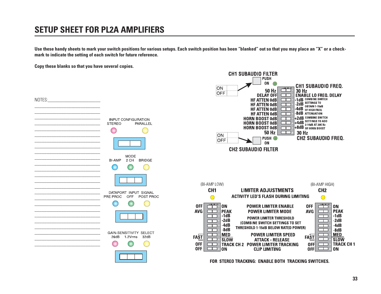 Setup sheet for pl2a amplifiers | QSC Audio PL230A User Manual | Page 33 / 35