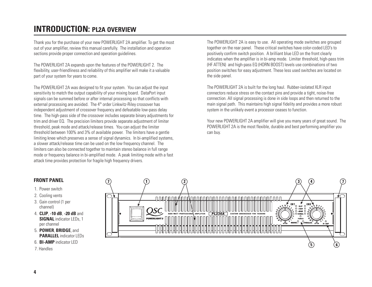 Introduction, Pl2a overview | QSC Audio PL230A User Manual | Page 4 / 35
