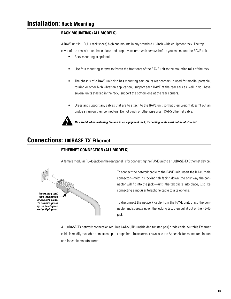 Connections, Installation, 100base-tx | Ethernet, Rack mounting | QSC Audio S series User Manual | Page 13 / 36