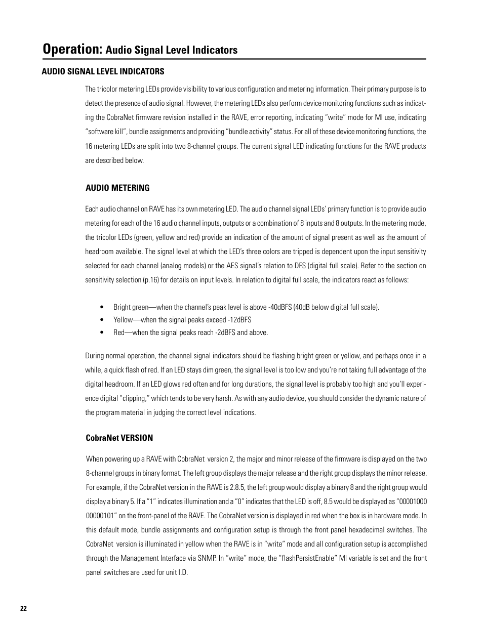 Operation, Audio signal level indicators | QSC Audio S series User Manual | Page 22 / 36