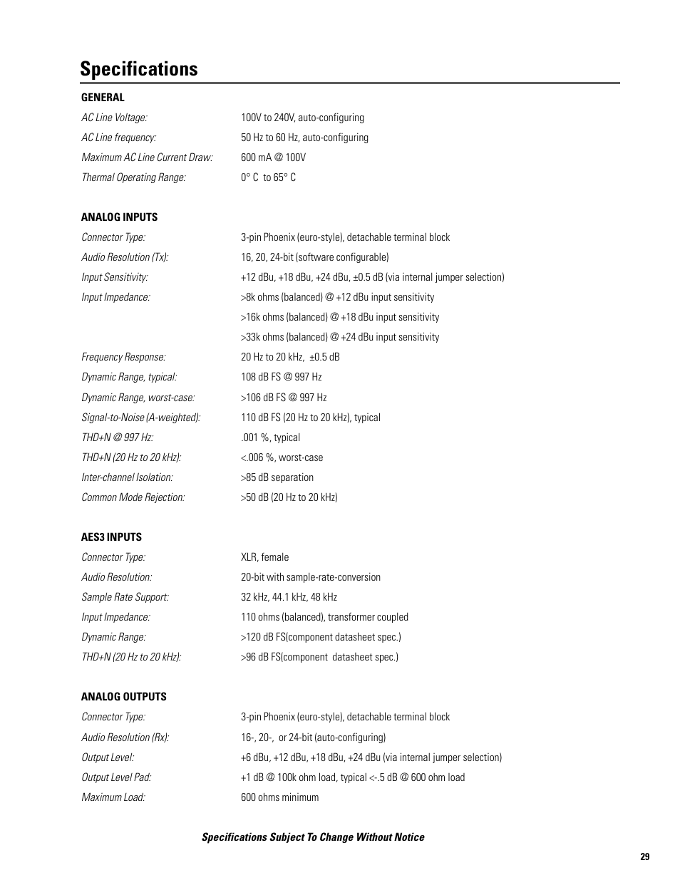 Specifications | QSC Audio S series User Manual | Page 29 / 36