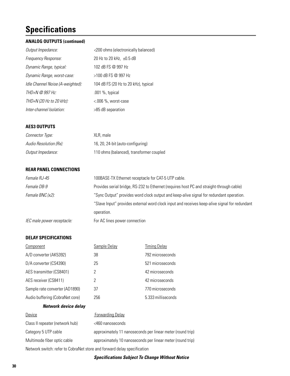 Specifications | QSC Audio S series User Manual | Page 30 / 36