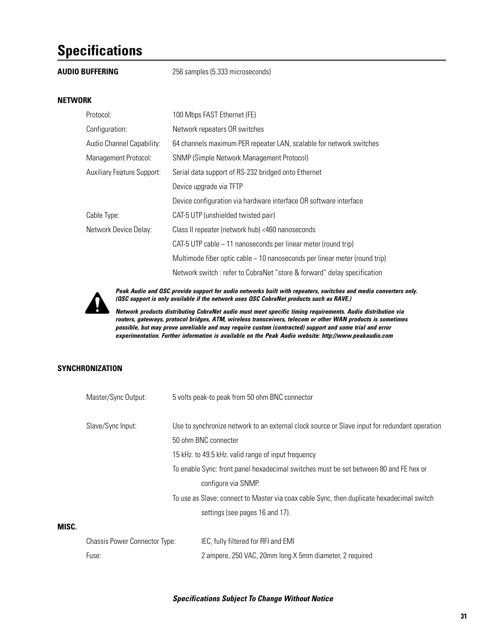 Specifications | QSC Audio S series User Manual | Page 31 / 36