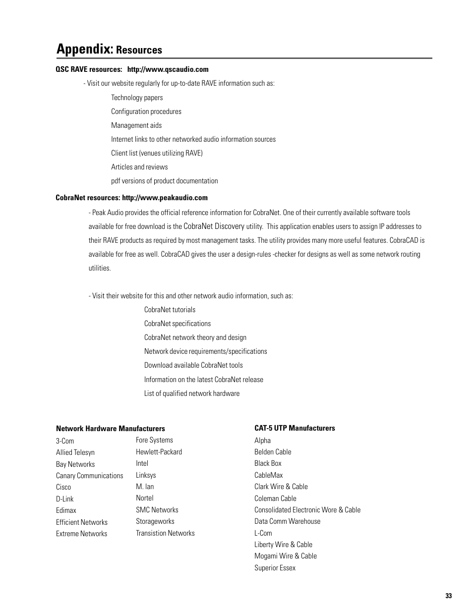 Appendix, Resources | QSC Audio S series User Manual | Page 33 / 36