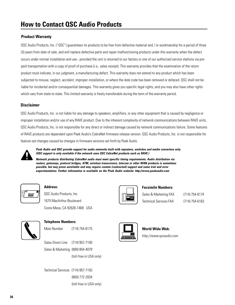 How to contact qsc audio products | QSC Audio S series User Manual | Page 34 / 36