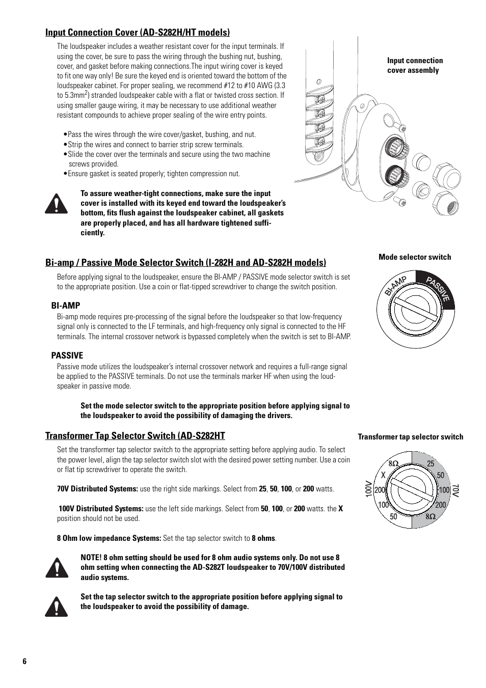 Input connection cover (ad-s282h/ht models), Transformer tap selector switch (ad-s282ht | QSC Audio AD-S52T User Manual | Page 6 / 16