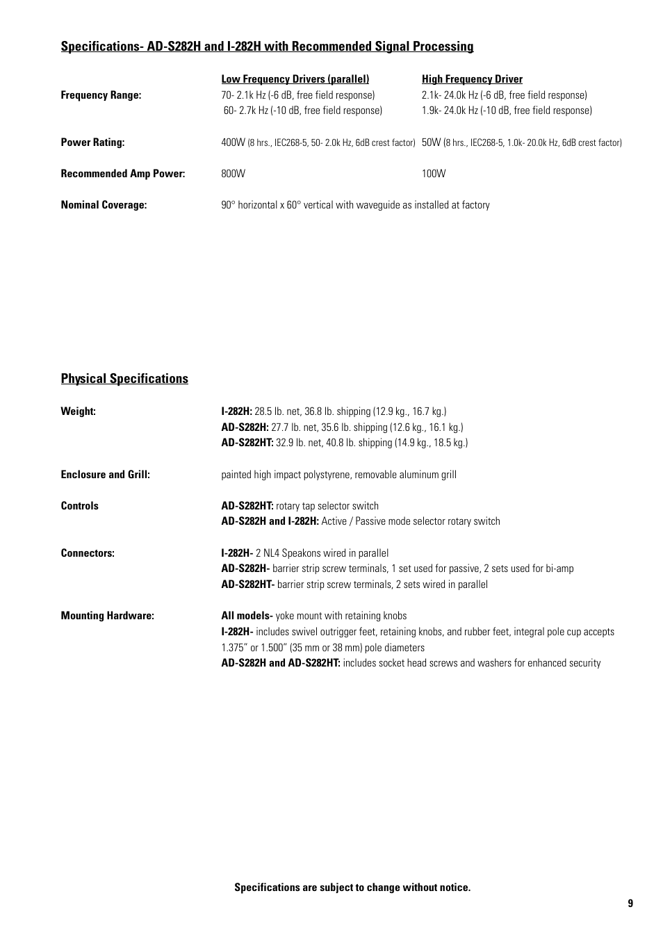Physical specifications | QSC Audio AD-S52T User Manual | Page 9 / 16