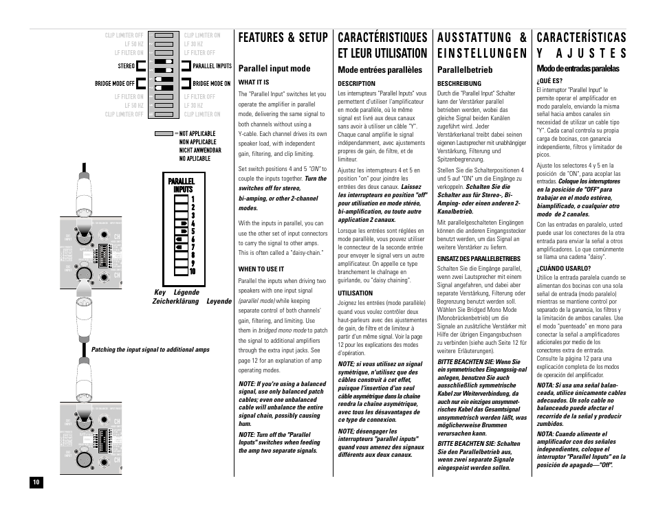 Features & setup, Modo de entradas paralelas, Mode entrées parallèles | Parallelbetrieb, Parallel input mode, Key légende zeicherklärung leyende | QSC Audio RMX 850 User Manual | Page 10 / 38