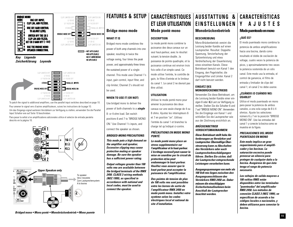 Features & setup, 2ω 2 ω, Bridge mono mode | Modo puenteado en mono, Mode ponté mono, Monobrückenbetrieb | QSC Audio RMX 850 User Manual | Page 11 / 38
