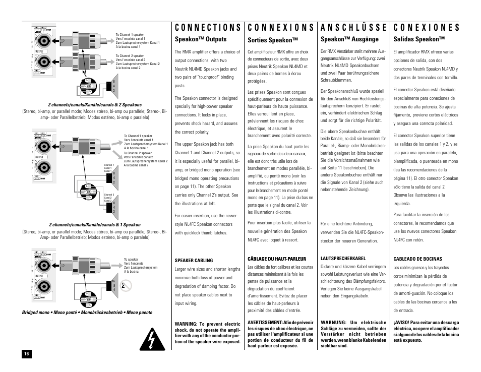 2ω 2 ω, Salidas speakon, Speakon™ ausgänge | Speakon™ outputs, Sorties speakon | QSC Audio RMX 850 User Manual | Page 16 / 38
