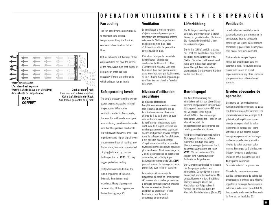 Fan cooling, Ventilación, Niveles adecuados de operación | Ventilation, Niveaux d'utilisation sécuritaire, Lüfterkühlung, Safe operating levels, Betriebspegel | QSC Audio RMX 850 User Manual | Page 19 / 38