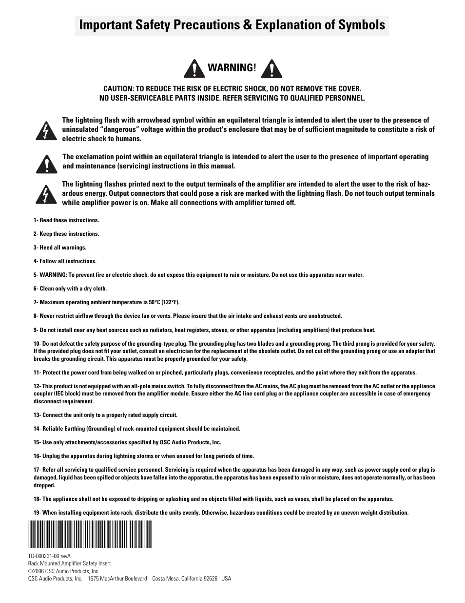 Warning | QSC Audio RMX 850 User Manual | Page 33 / 38