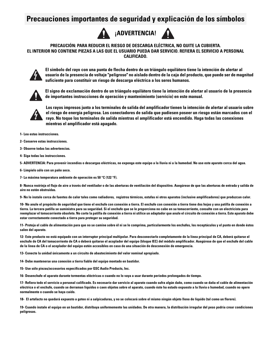 Advertencia | QSC Audio RMX 850 User Manual | Page 34 / 38