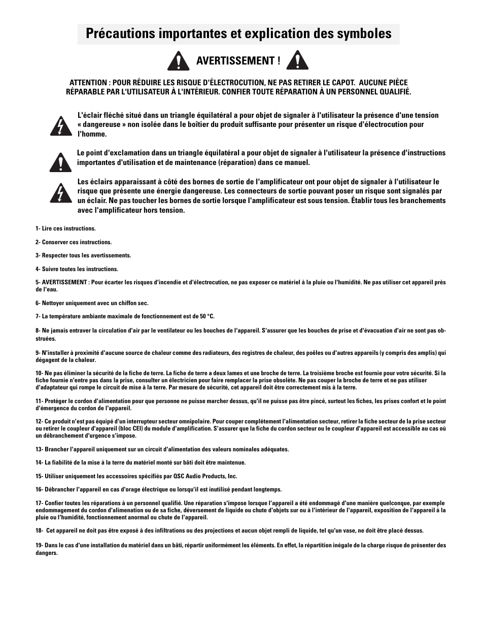 Avertissement | QSC Audio RMX 850 User Manual | Page 35 / 38