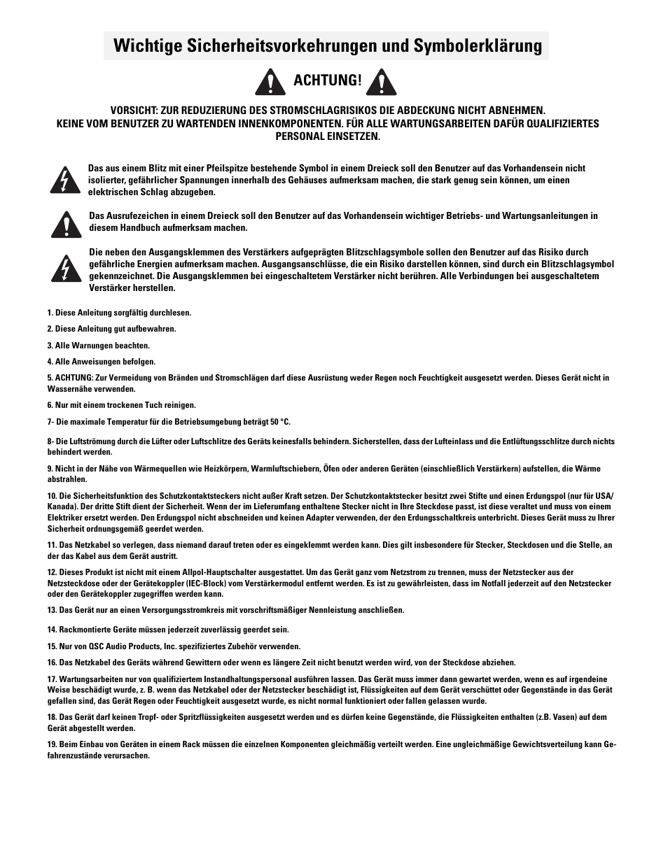 Achtung | QSC Audio RMX 850 User Manual | Page 36 / 38