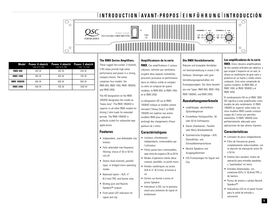 Características, Caractéristiques, Ausstattungsmerkmale | Features | QSC Audio RMX 850 User Manual | Page 5 / 38