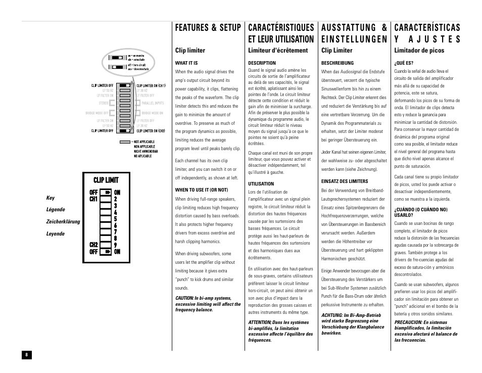 Caractéristiques et leur utilisation, Limitador de picos, Limiteur d'écrêtement | Clip limiter | QSC Audio RMX 850 User Manual | Page 8 / 38