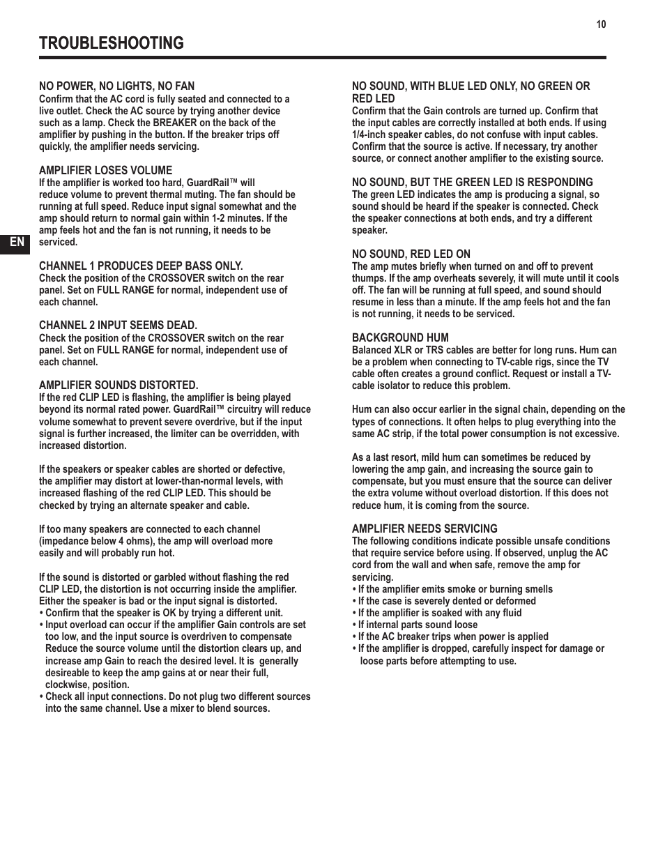 Troubleshooting | QSC Audio GX3 300 User Manual | Page 10 / 60