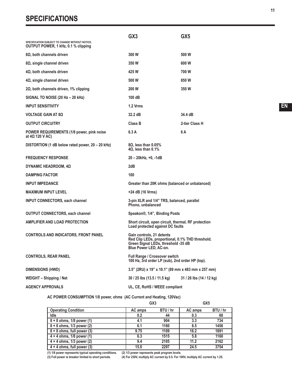 Specifications, En gx3 gx5 | QSC Audio GX3 300 User Manual | Page 11 / 60