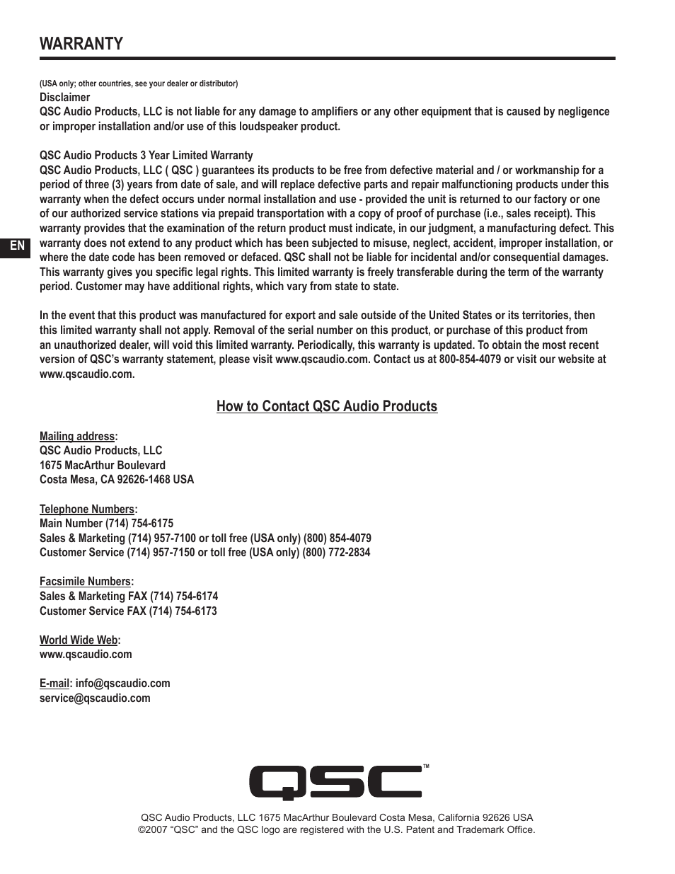 Warranty, How to contact qsc audio products | QSC Audio GX3 300 User Manual | Page 12 / 60