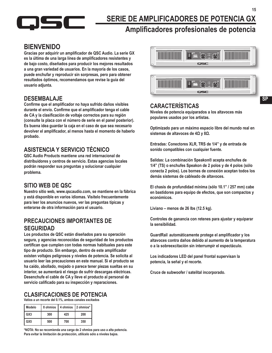 Bienvenido, Desembalaje, Asistencia y servicio técnico | Sitio web de qsc, Precauciones importantes de seguridad, Clasificaciones de potencia, Características | QSC Audio GX3 300 User Manual | Page 15 / 60