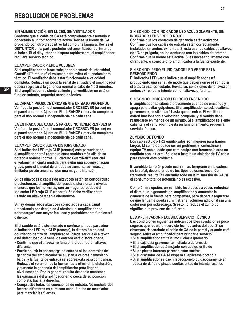 Resolución de problemas | QSC Audio GX3 300 User Manual | Page 22 / 60