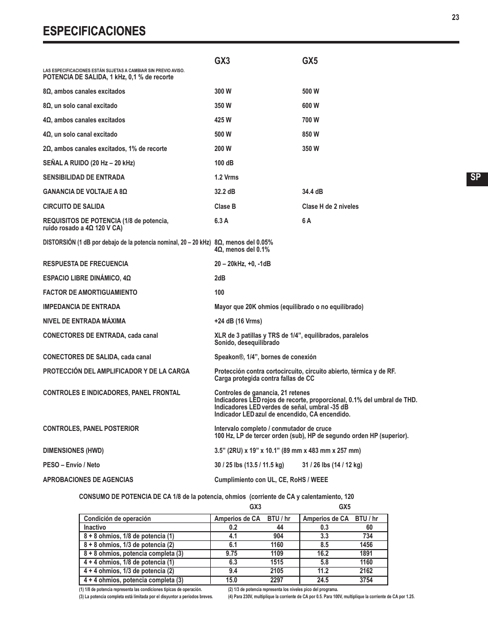 Especificaciones, Sp gx3 gx5 | QSC Audio GX3 300 User Manual | Page 23 / 60