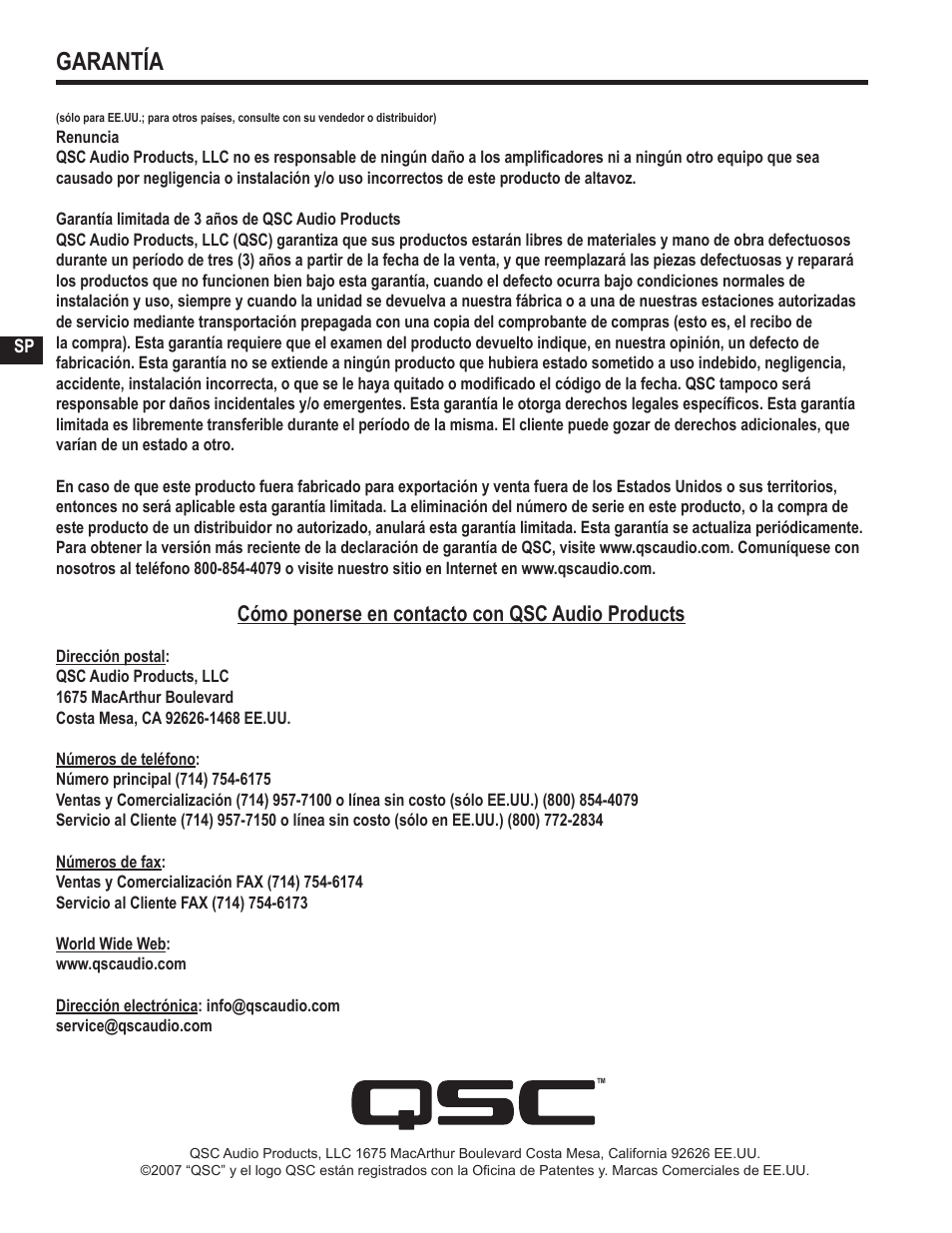Garantía, Cómo ponerse en contacto con qsc audio products | QSC Audio GX3 300 User Manual | Page 24 / 60