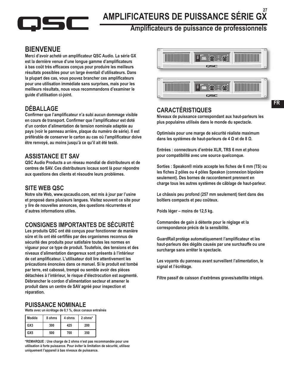 Amplificateurs de puissance série gx, Bienvenue, Amplificateurs de puissance de professionnels | Déballage, Assistance et sav, Site web qsc, Consignes importantes de sécurité, Puissance nominale, Caractéristiques | QSC Audio GX3 300 User Manual | Page 27 / 60