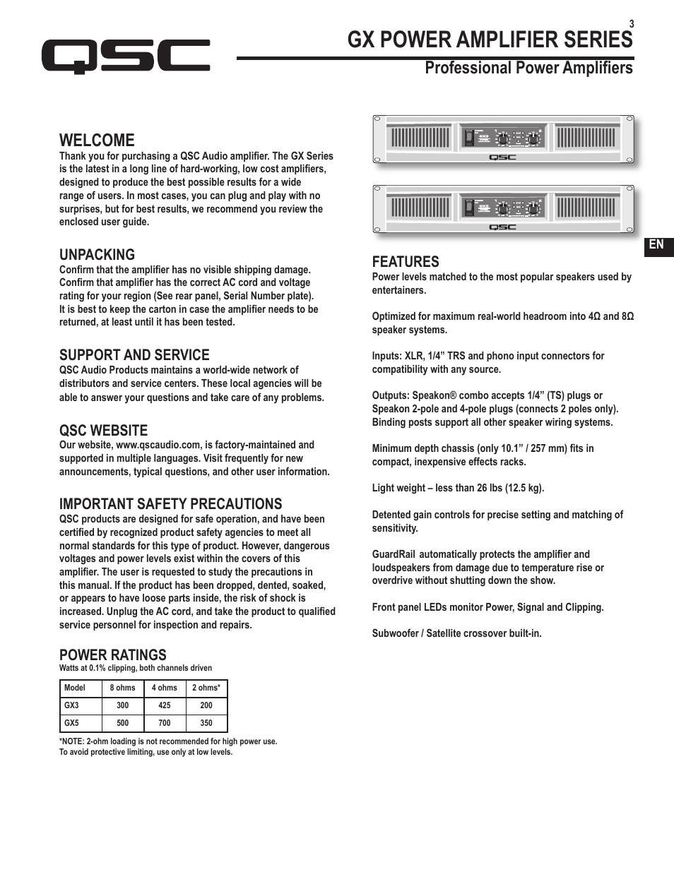 Gx power amplifier series, Welcome, Professional power amplifiers | Unpacking, Support and service, Qsc website, Important safety precautions, Power ratings, Features | QSC Audio GX3 300 User Manual | Page 3 / 60