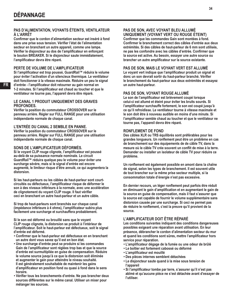 Dépannage | QSC Audio GX3 300 User Manual | Page 34 / 60