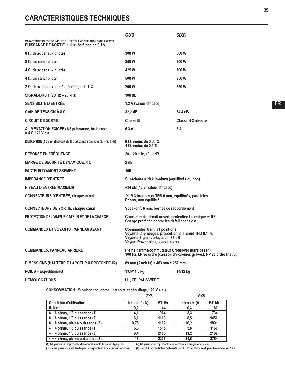 Caractéristiques techniques, Fr gx3 gx5 | QSC Audio GX3 300 User Manual | Page 35 / 60