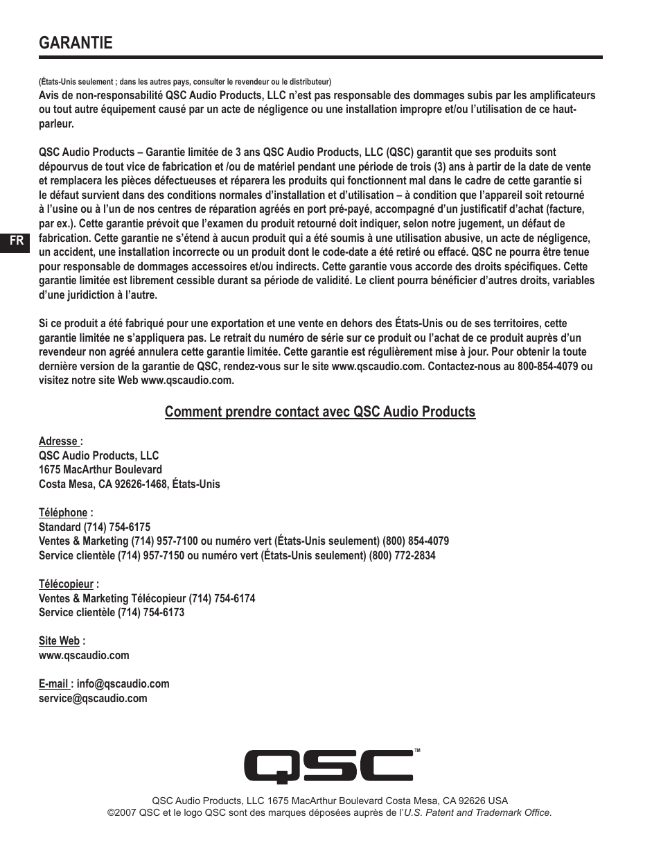 Garantie, Comment prendre contact avec qsc audio products | QSC Audio GX3 300 User Manual | Page 36 / 60