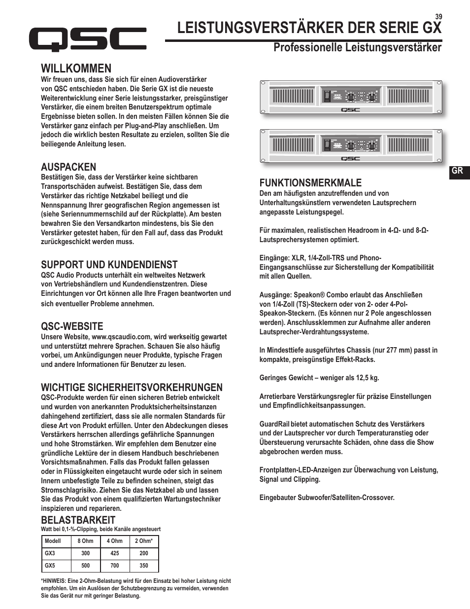 Leistungsverstärker der serie gx, Willkommen, Professionelle leistungsverstärker | Auspacken, Support und kundendienst, Qsc-website, Wichtige sicherheitsvorkehrungen, Belastbarkeit, Funktionsmerkmale | QSC Audio GX3 300 User Manual | Page 39 / 60
