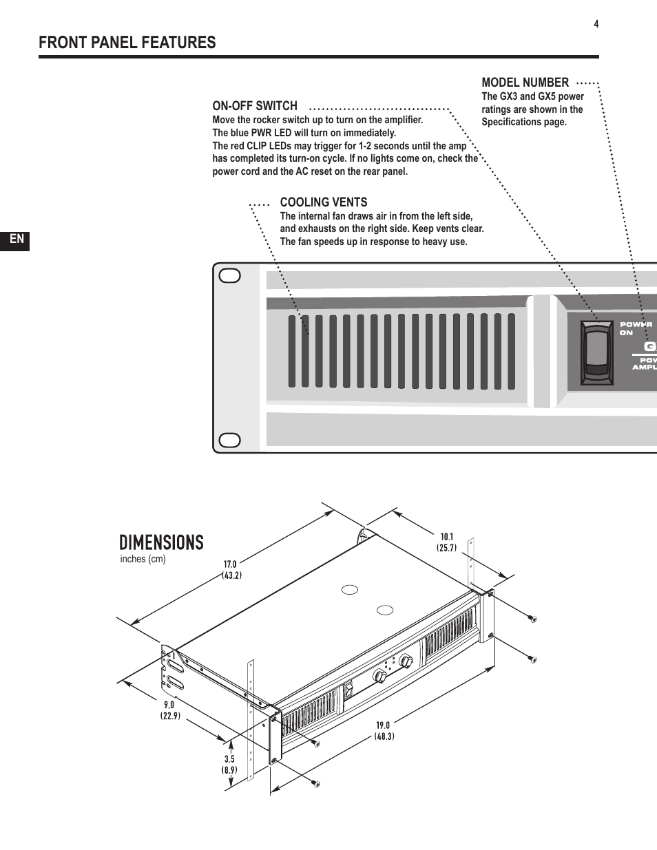 Front panel features | QSC Audio GX3 300 User Manual | Page 4 / 60