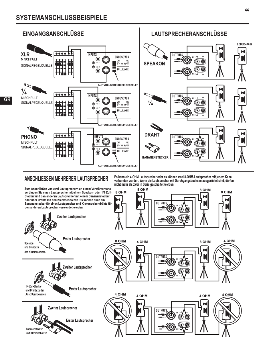 Systemanschlussbeispiele | QSC Audio GX3 300 User Manual | Page 44 / 60