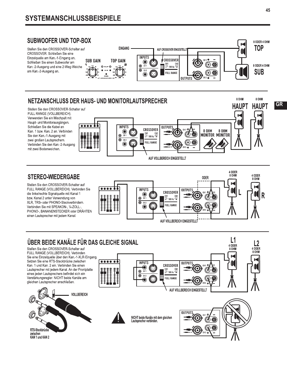 Systemanschlussbeispiele | QSC Audio GX3 300 User Manual | Page 45 / 60