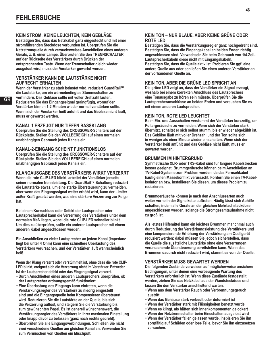 Fehlersuche | QSC Audio GX3 300 User Manual | Page 46 / 60