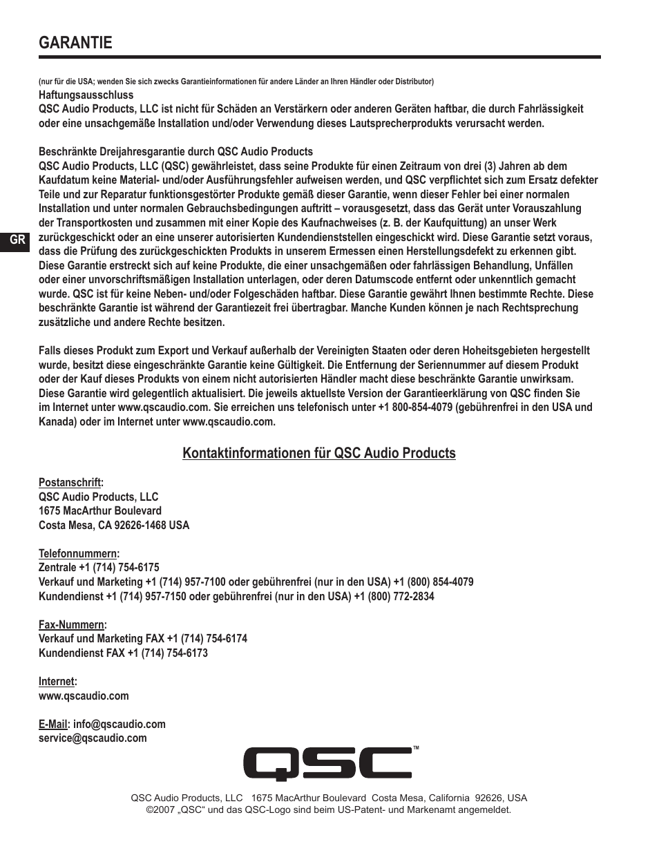 Garantie, Kontaktinformationen für qsc audio products | QSC Audio GX3 300 User Manual | Page 48 / 60