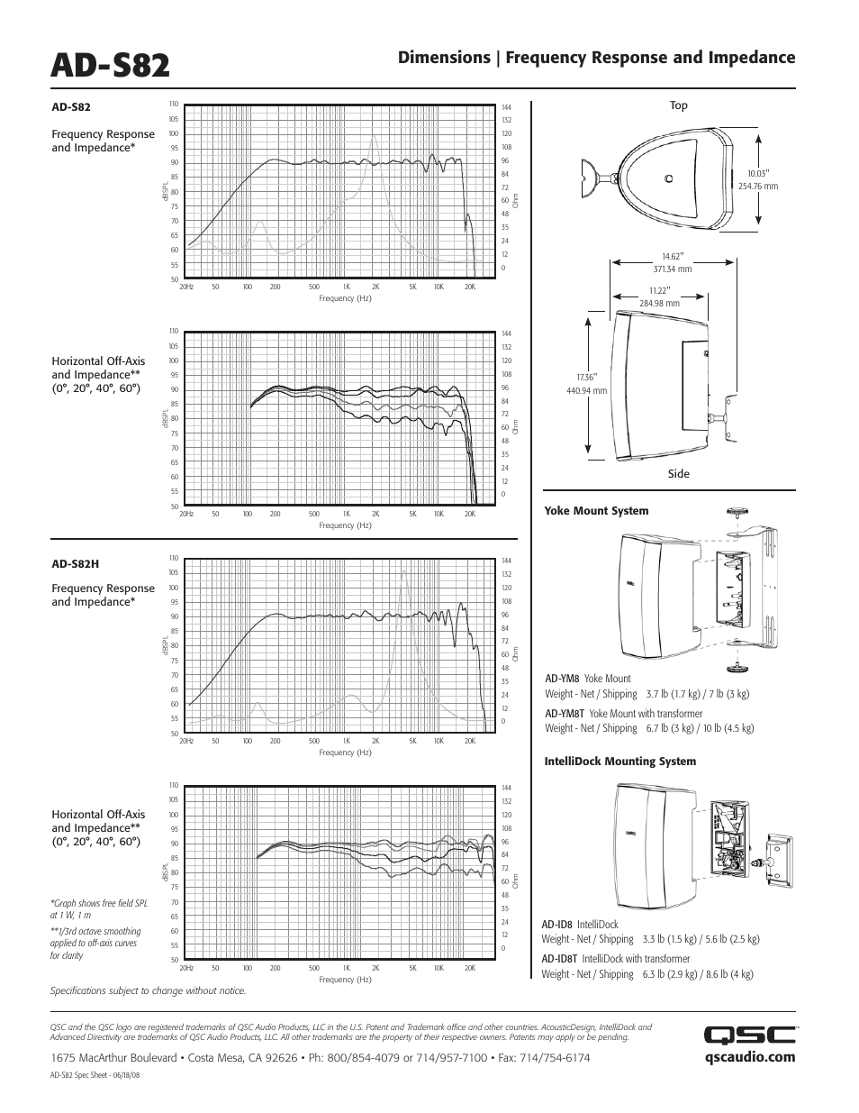 Ad-s82, Dimensions | frequency response and impedance | QSC Audio AD-S82 User Manual | Page 2 / 2
