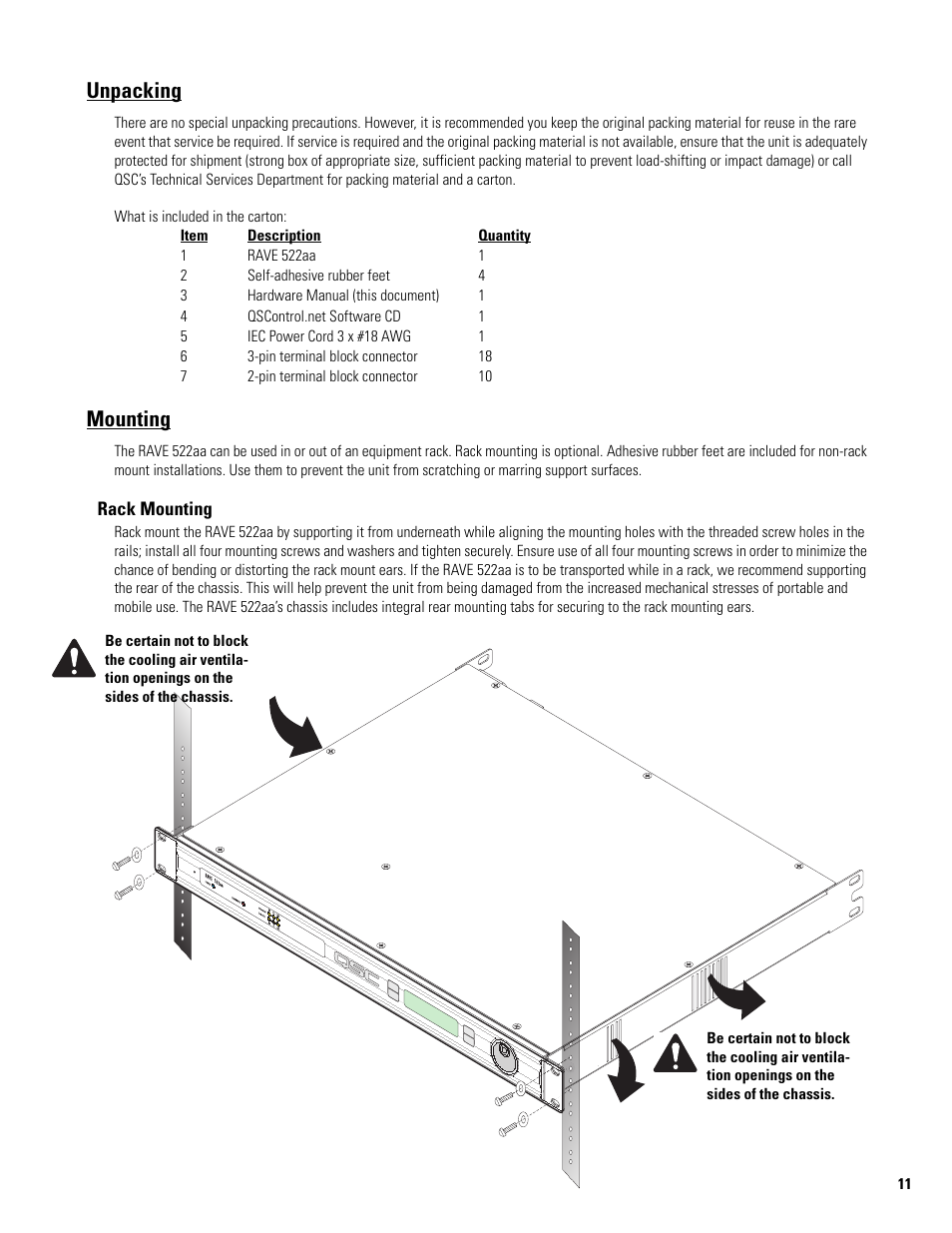 Unpacking, Mounting | QSC Audio 522AA User Manual | Page 11 / 26