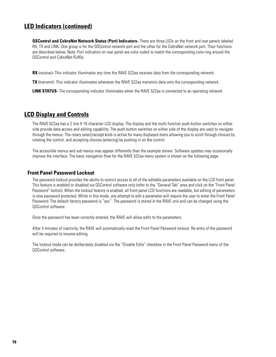 Led indicators (continued), Lcd display and controls | QSC Audio 522AA User Manual | Page 16 / 26