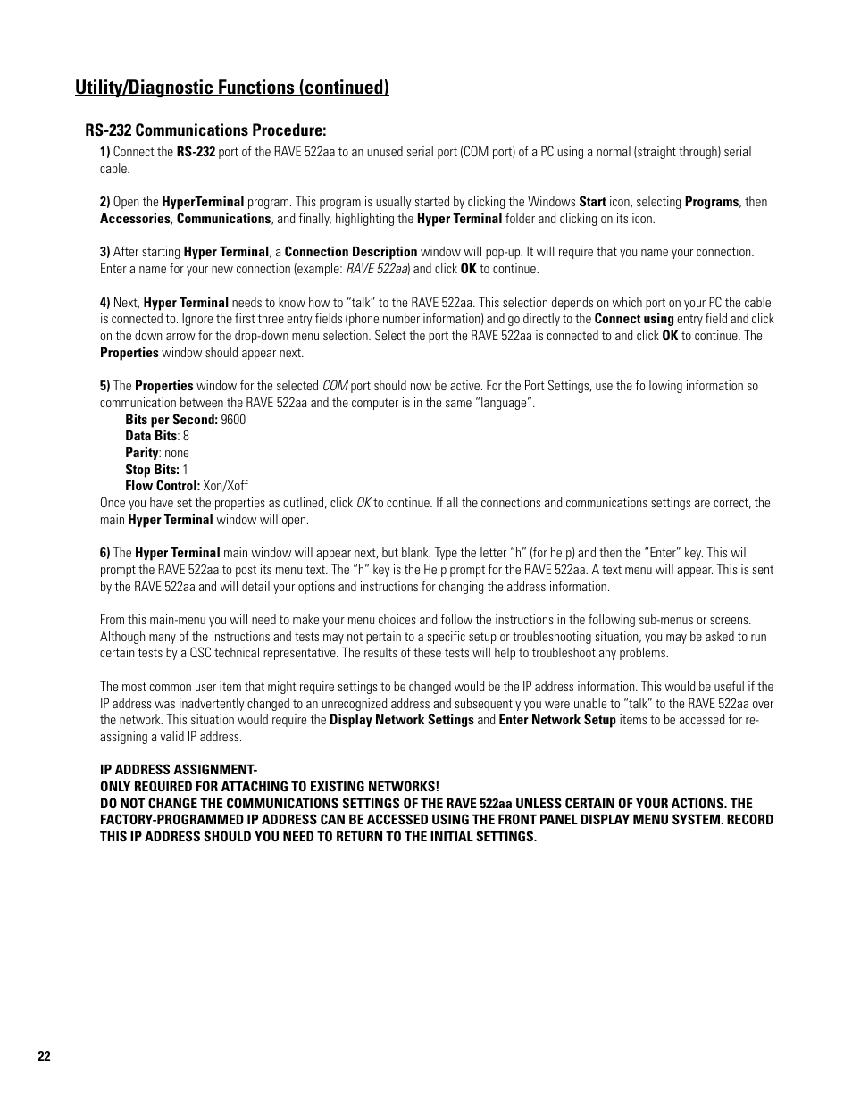 Utility/diagnostic functions (continued) | QSC Audio 522AA User Manual | Page 22 / 26