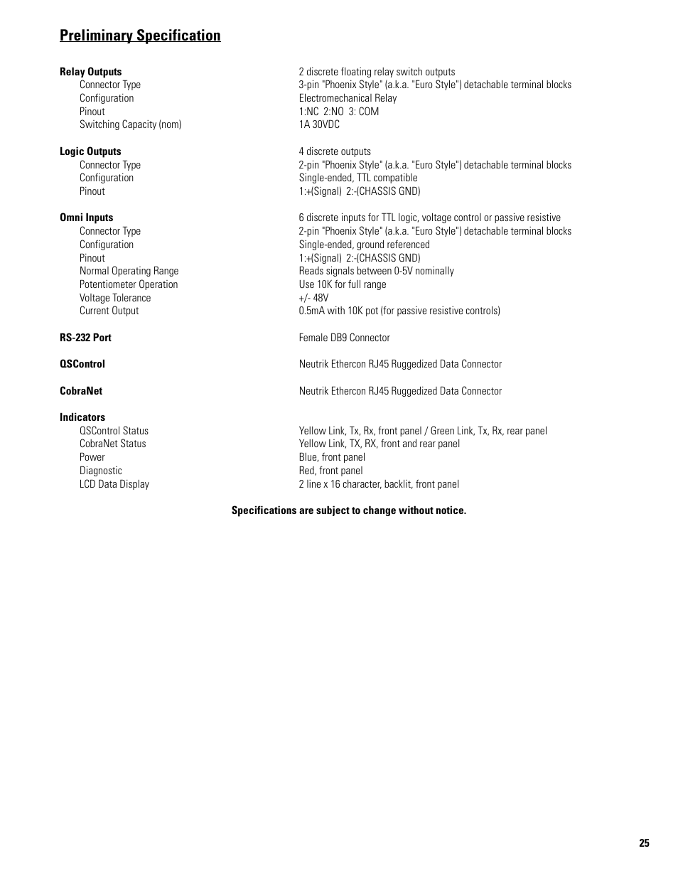 Preliminary specification | QSC Audio 522AA User Manual | Page 25 / 26