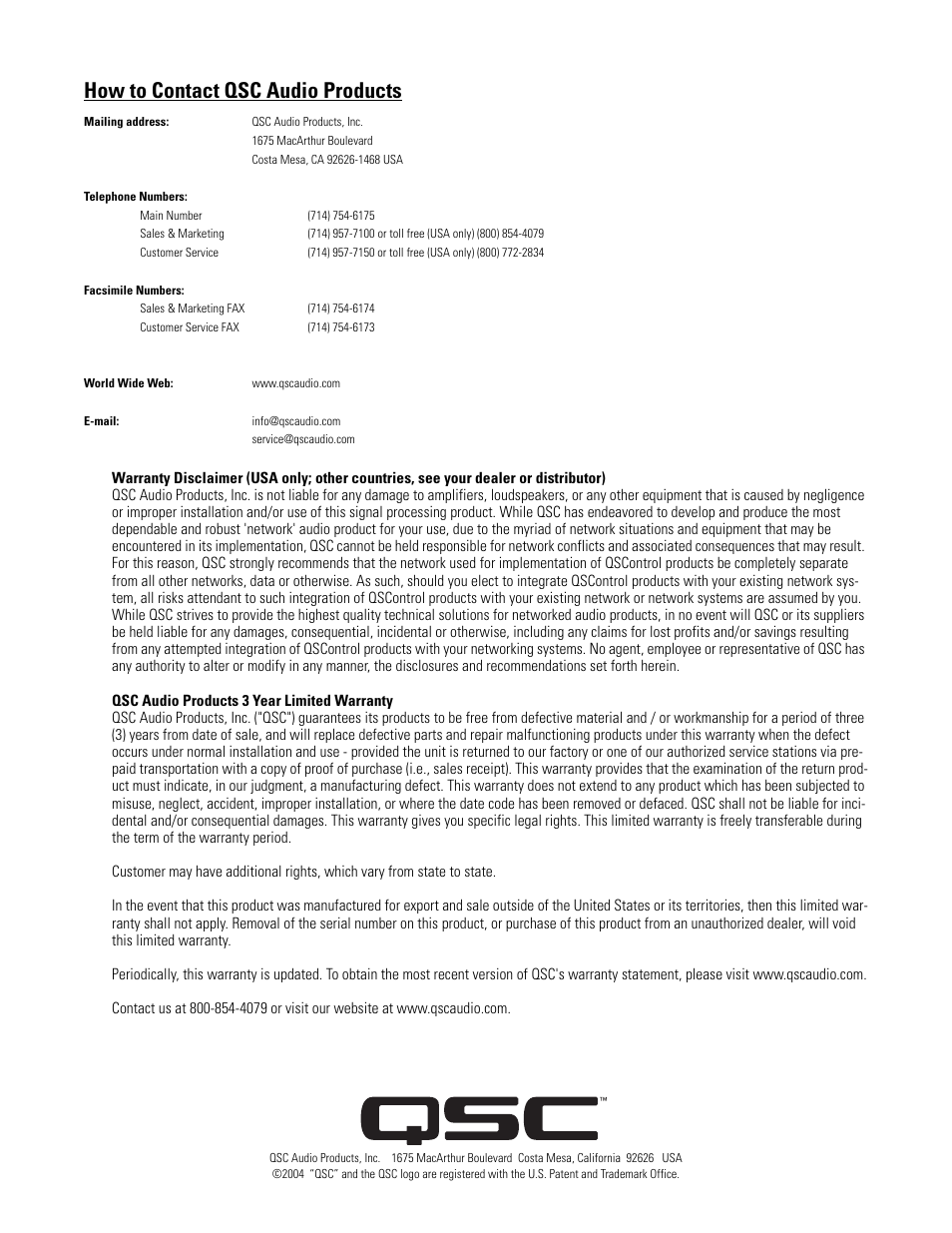 How to contact qsc audio products | QSC Audio 522AA User Manual | Page 26 / 26