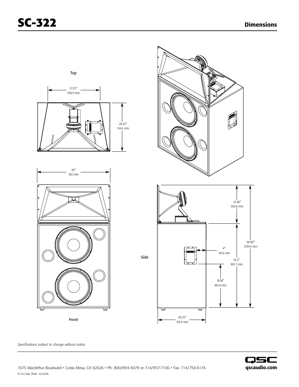 Sc-322, Dimensions | QSC Audio SC-322 User Manual | Page 2 / 42