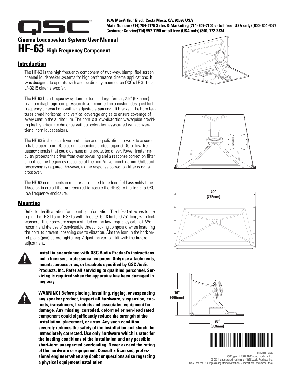 Hf-63 | QSC Audio SC-322 User Manual | Page 3 / 42